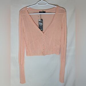 Nasty Gal Boss Bit*h light knit blush cropped V neck sweater pearl buttons sz S